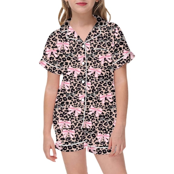 HNMKIU Girls Leopard Print Flannel Pajama Set Cozy Two Piece Loungewear Soft V-Neck Sleepwear Outfit With Bow Detail For Toddlers And Kids Khaki,12-13 Years