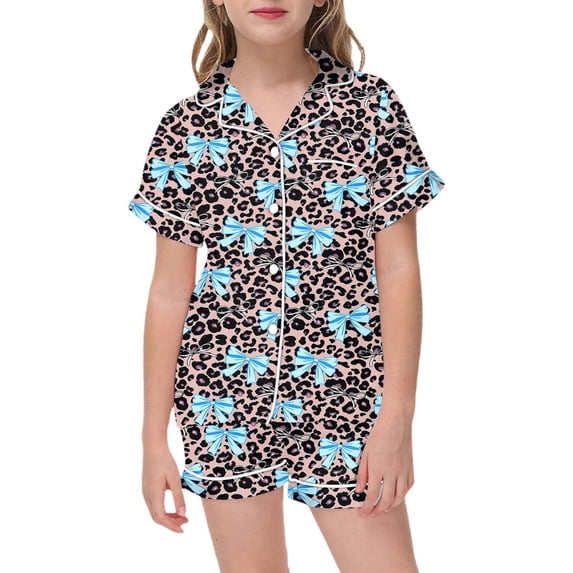 HNMKIU Girls Leopard Print Flannel Pajama Set Cozy Two Piece Loungewear Soft V-Neck Sleepwear Outfit With Bow Detail For Toddlers And Kids Light Blue,14-15 Years