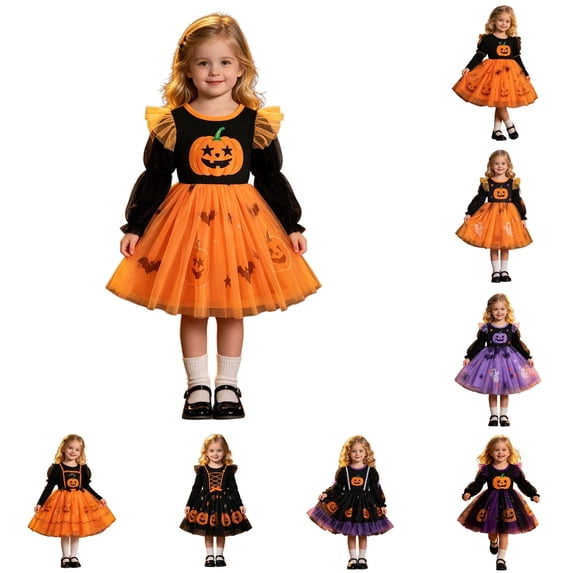 HNMKIU Girls Long Puff Sleeve Halloween Pumpkin Tulle Tutu Dress, Toddler Princess Cosplay Dress with Bat Star Print for Kids Party Performance Orange-b - 2-3 Years