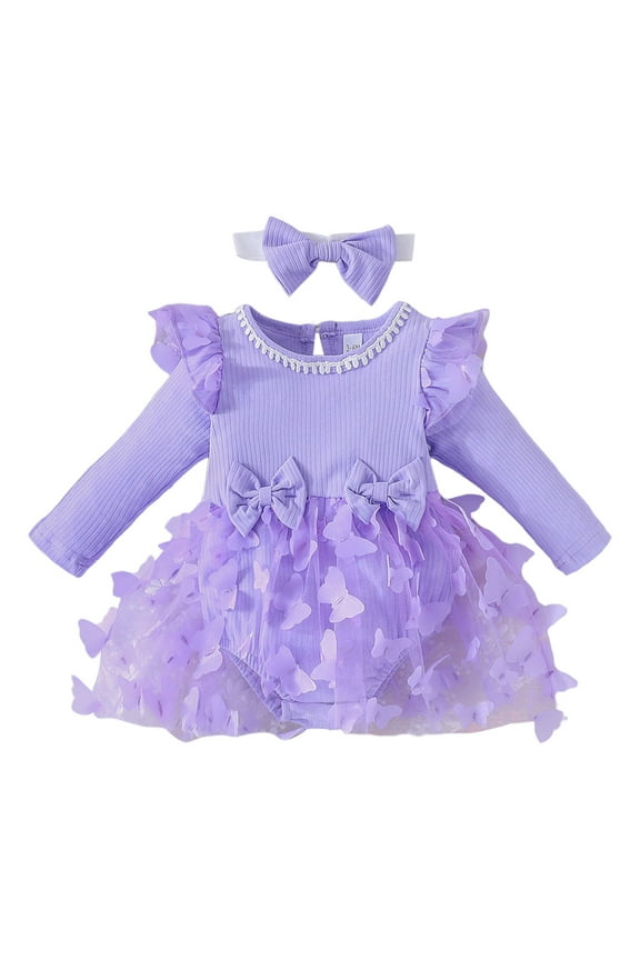 Girls Long Sleeve Rompers Bowknot Solid Color Ruffles Bodysuits with Headbands Outfits for Girls c-Purple,6-9 Months