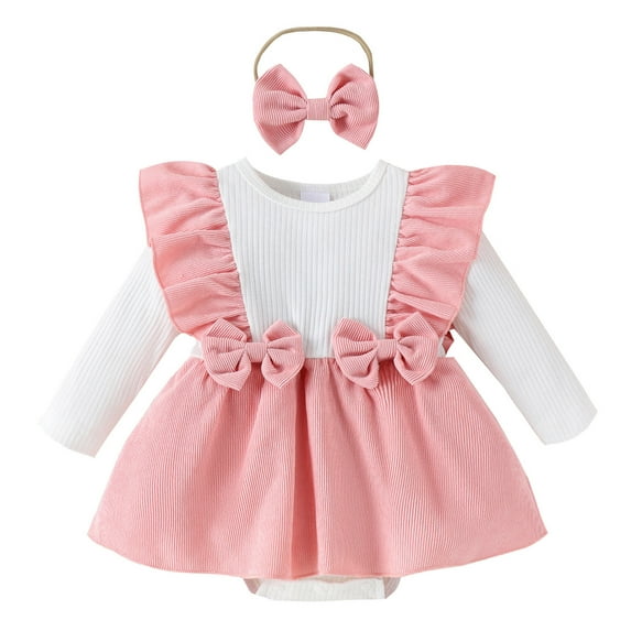 HNMKIU Girls Long Sleeve Rompers Ruffles Ribbed Romper Skirts Bodysuits Bowknot Headbands Outfits for Girls B-Pink,3-6 Months
