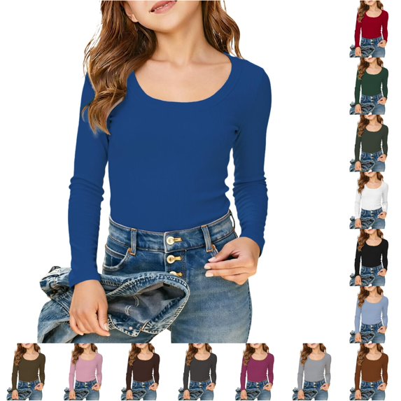 HNMKIU Girls Long Sleeve Shirts Ribbed Layering Tops U Neck Slim Fit Basic Tee Undershirts Soft Stretchy For Ages 5-16 Years Blue,13-14 Years