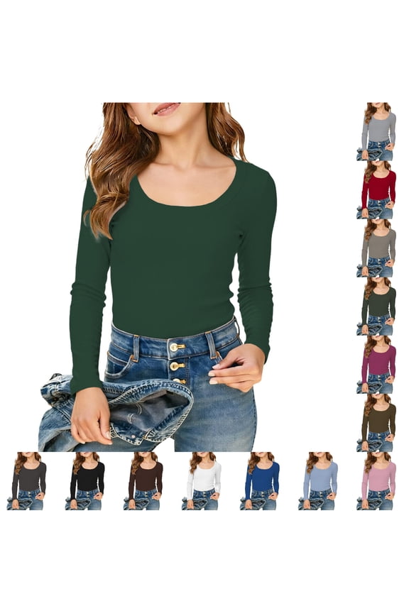 Girls Long Sleeve Shirts Ribbed Layering Tops U Neck Slim Fit Basic Tee Undershirts Soft Stretchy For Ages 5-16 Years Dark Green,5-6 Years