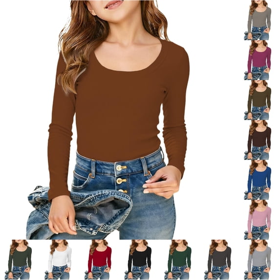 HNMKIU Girls Long Sleeve Shirts Ribbed Layering Tops U Neck Slim Fit Basic Tee Undershirts Soft Stretchy For Ages 5-16 Years Orange,7-8 Years