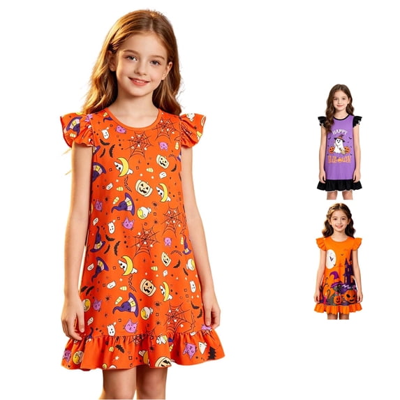 HNMKIU Girls Nightgowns Halloween All Over Pumpkin Bat Print Toddler Nightgown, Flutter Sleeve Ruffle Holiday Sleep Dress for Little Girls Orange-B,9-10 Years