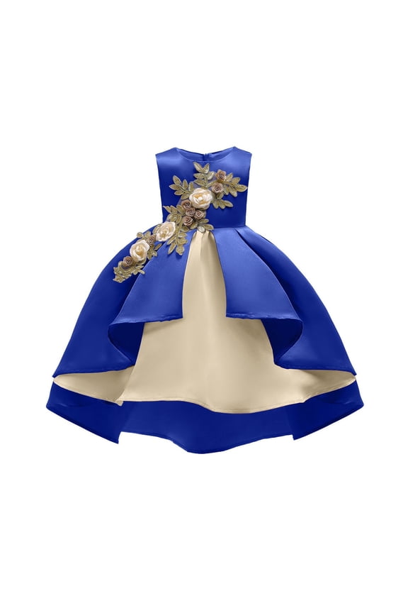 Girls Off Shoulder Party Gown With Rose Embroidery Floral Print Pageant Prom Easter Dress For Toddler Kids Blue,4-5 Years