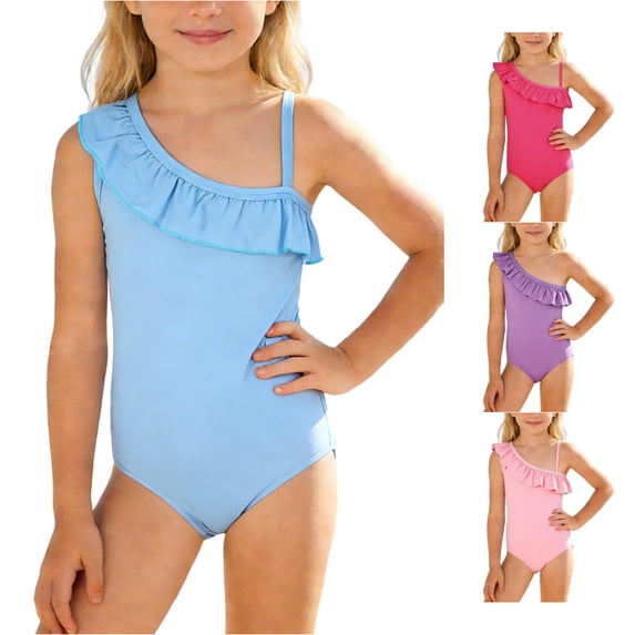 HNMKIU Girls One Piece Swimsuits Solid Bathing Suit for Toddler Kids Youth Summer Beach Pool Wear Light Blue,7-8 Years