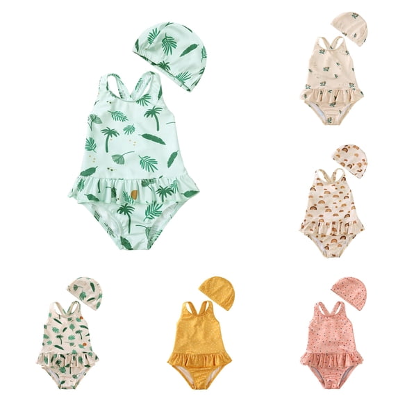 HNMKIU Girls One Piece Swimsuits Toddler Kids Baby Girl Floral Sleeveless Piece Swimsuit Bathing Suit Bikini Tankini With Hat Green,6-12 Months