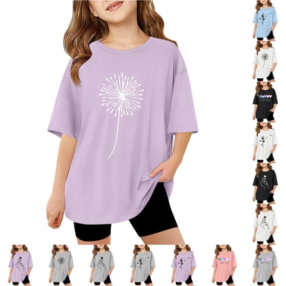 HNMKIU Girls Oversized Casual Crewneck Basic Tee Letter Graphic Short Sleeve Summer Top Soft Relaxed Fit For Kids Light Purple-d,5-6