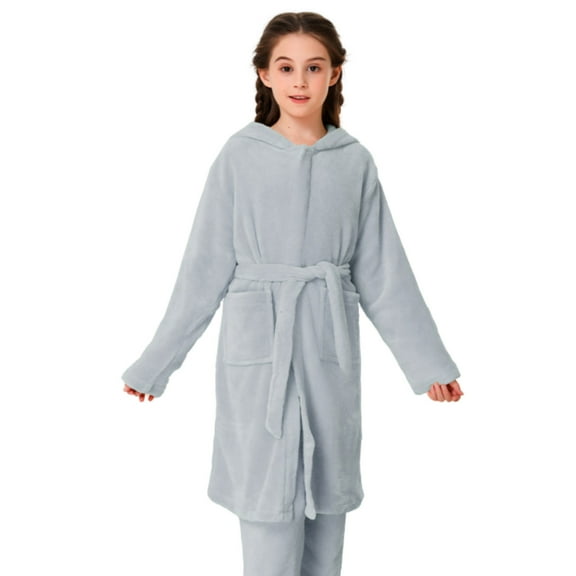 HNMKIU Girls Pajamas Autumn Winter Baby Coral Dress Home Wear Girls Robe for Children Grey,8-10 Years