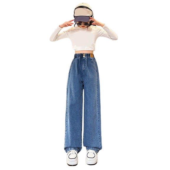 HNMKIU Girls Pants Fashion Flare Denim Wide Leg Bootcut Style Soft Lined Winter Trousers for Teen Youth Casual Comfort Fit 01_Blue,6-7 Years