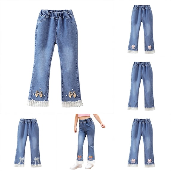 HNMKIU Girls Pearl Bow Embroidered Jeans Wide Leg Flare Denim Pants With Elastic Waist For Toddler Kids Khaki,4-5 Years