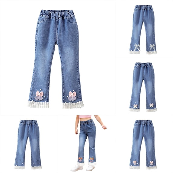 HNMKIU Girls Pearl Bow Embroidered Jeans Wide Leg Flare Denim Pants With Elastic Waist For Toddler Kids Light Pink,7-8 Years
