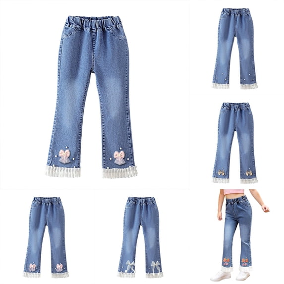 HNMKIU Girls Pearl Bow Embroidered Jeans Wide Leg Flare Denim Pants With Elastic Waist For Toddler Kids Pink2,11-12 Years