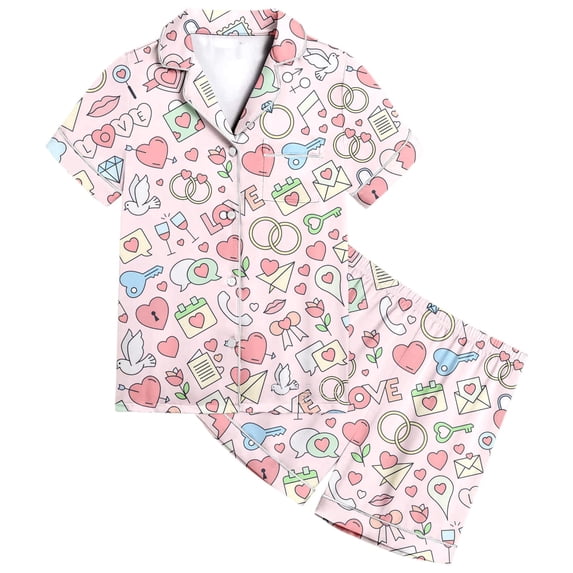 HNMKIU Girls Printed Short Sleeve Button Down Pajama Set with Matching Shorts Comfortable Sleepwear Outfit Light Pink,6-7 Years