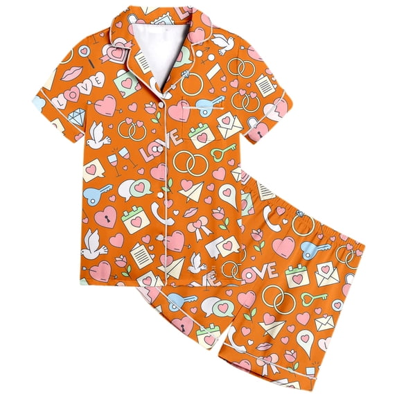 HNMKIU Girls Printed Short Sleeve Button Down Pajama Set with Matching Shorts Comfortable Sleepwear Outfit Orange,6-7 Years