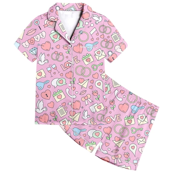 HNMKIU Girls Printed Short Sleeve Button Down Pajama Set with Matching Shorts Comfortable Sleepwear Outfit Pink,12-13 Years