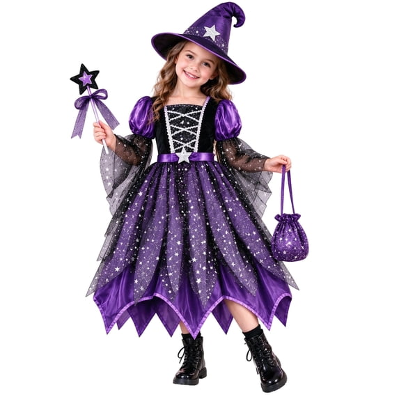 HNMKIU Girls Purple Star Witch Halloween Set, Kids Glitter Tulle Witch Dress With Witch Hat, Magic Wand & Candy Bag, 4Pcs Girls Cosplay Dress Up Outfit For Halloween Party Trick Or Treat