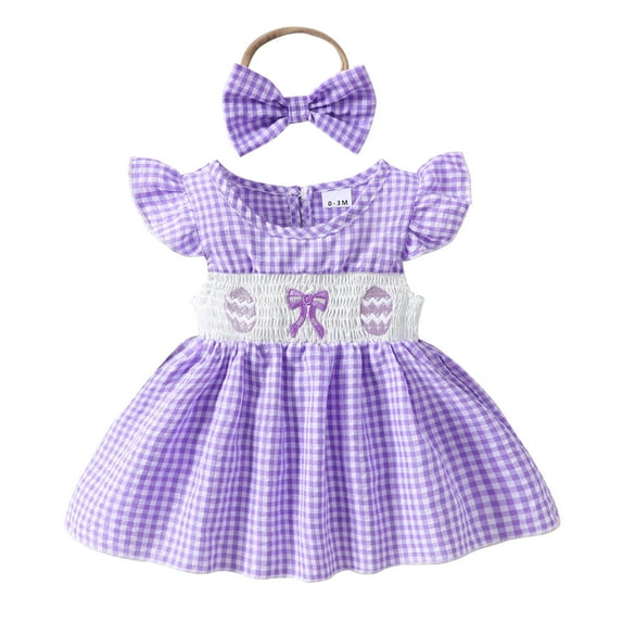 HNMKIU Girls Romper&Jumpsuit for Girls - Easter Outfit Baby Romper Dress with Fly Sleeve Smocked Design My First Easter Summer Clothes for Purple,6-12 Months