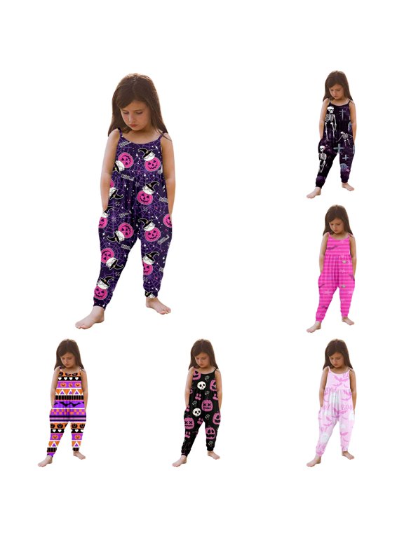 Girls Romper Jumpsuit Halloween Print Tank Top with Harem Pants Sleeveless Outfit Toddler Kids Casual Cute Clothes Light Purple - 1-2Years