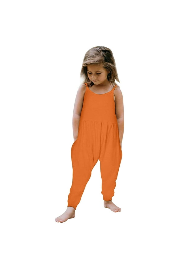 Girls Romper&Jumpsuit - Toddler Girls Kids Baby Jumpsuit 1 Piece Backless Playsuit Sleeveless Strap Romper Summer Outfits Pockets Clothes for Sunny Days Orange,4-5 Years