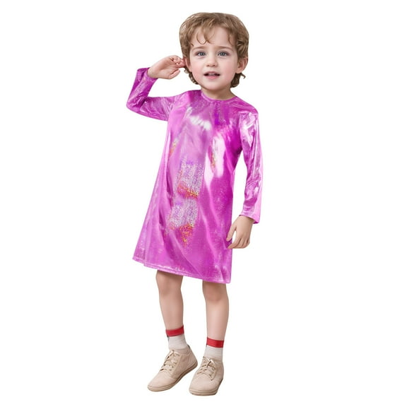HNMKIU Girls Sequin Long Sleeve T-Shirt Dress Elegant Crew Neck Straight Casual Party Wear Hot Pink,9-10 Years