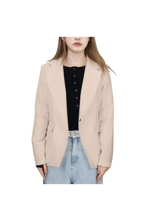 Girls Solid Color Formal Lapel Suit Coat Button Down Long Sleeve Suit Jacket Girls Coat for Kids Beige,9-10 Years