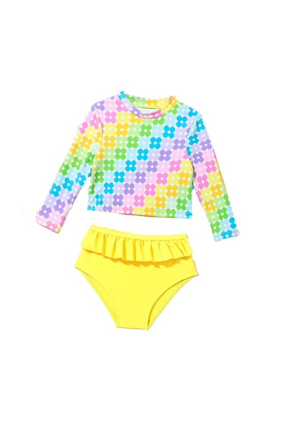 Girls Swimwear Baby Toddler Long Sleeve Rash Guard UPF50+ Sun Bikini Swimsuit Yellow,2-3 Years