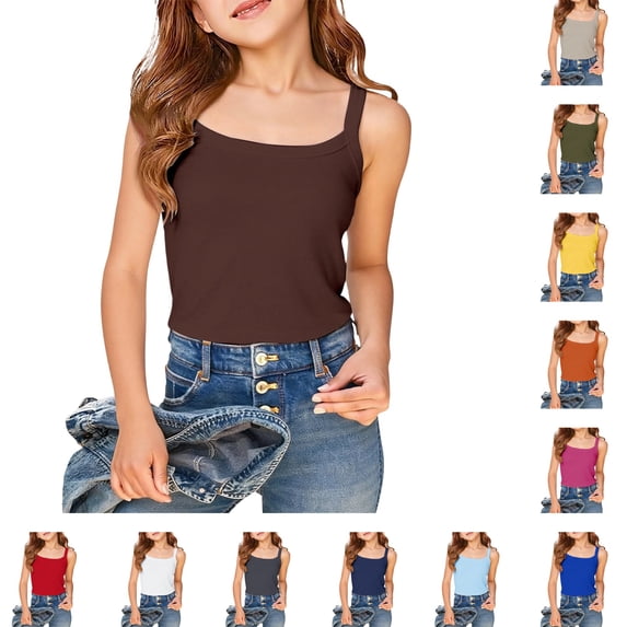 HNMKIU Girls Tops Solid Camisole Sleeveless Tank Top Slim Fit Casual Basic for Ages 7-16Y