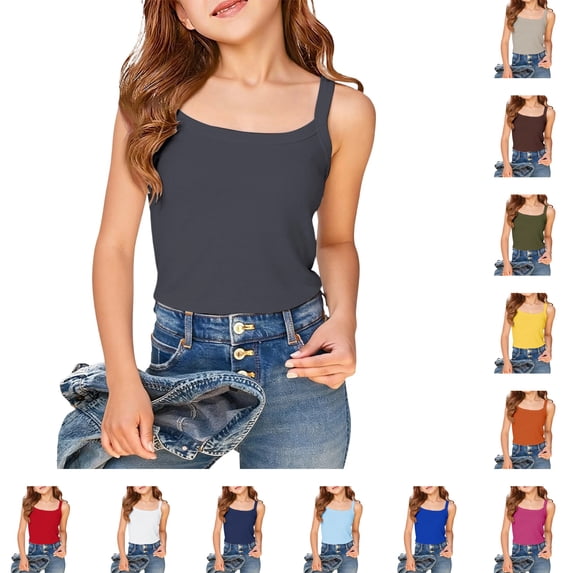 HNMKIU Girls Tops Solid Camisole Sleeveless Tank Top Slim Fit Casual Basic for Ages 7-16Y