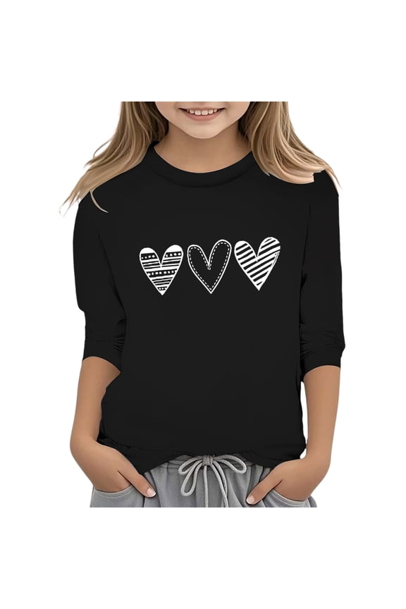 Girls' Valentine's Day Print Functional Crew Neck 3/4 Sleeve Casual T Shirt Top for Girls Black,11-12 Years