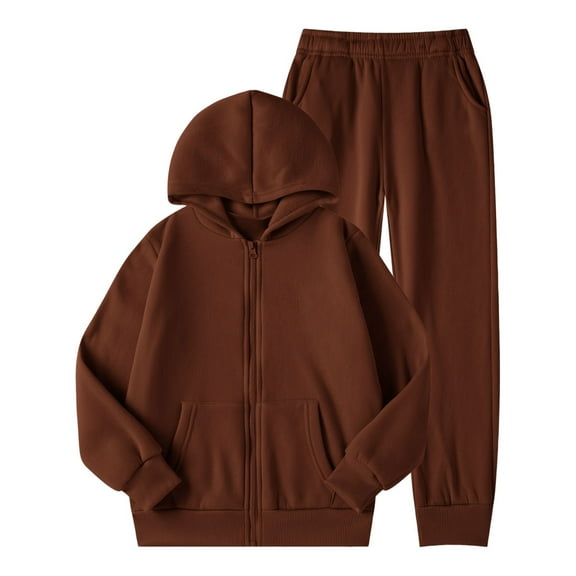 HNMKIU Girls Winter Lined Hoodie and Pants Set Cozy Warm Pullover Tracksuit Fall Winter Girl Outfits Set for Toddler Brown,8Y