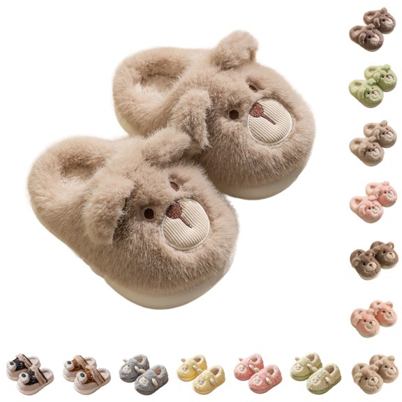 HNMKIU Girls Winter Warm Fuzzy Slippers with Cute Bear Design Comfortable Indoor Home Footwear for Toddler Slippers,01_Khaki,12-18 Months