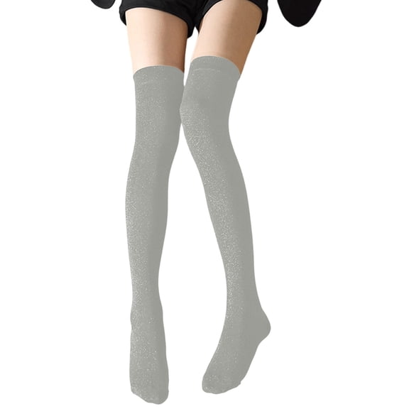 HNMKIU Glittering Metallic Sheer Thigh High Stockings Elegant Over The Knee Sparkly Socks Stretchable Legwear Silver,One Size