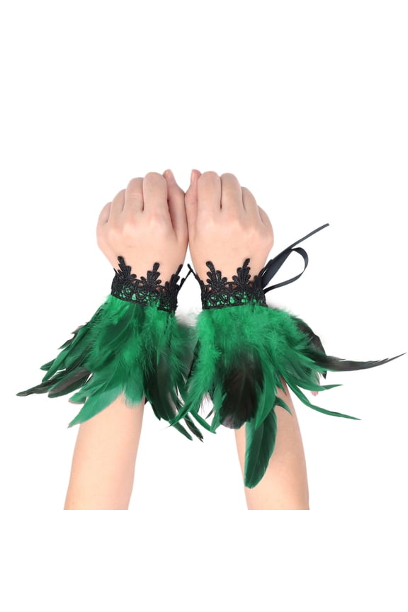 Gothic Style Feather Wrist Hand Accessory For Party Lace Trim Boho Elegant Design Green,One Size