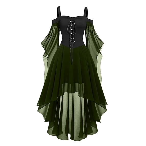 HNMKIU Halloween Clothes Dress Square Neck Lace Up Sleeve Full Skirt For Stage Performance And Gown Green,XXXL