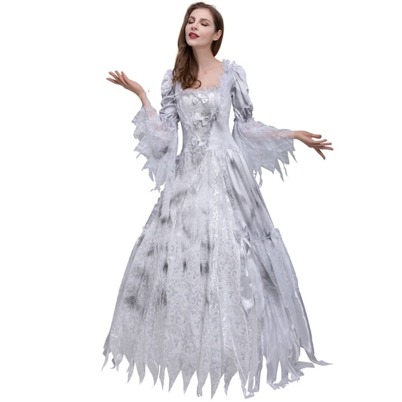 HNMKIU Halloween Clothes Elegant Gothic Lace Long Dress Halloween Gown Formal Party Attire Grey,L