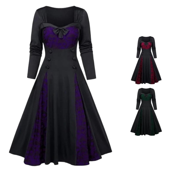 HNMKIU Halloween Clothes Elegant Lace Dress For Halloween Party With Long Sleeves And Flowing Skirt Purple,XL