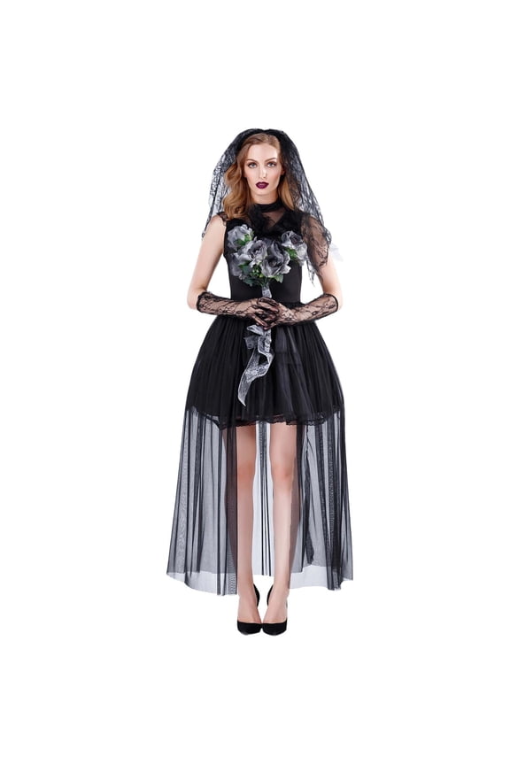 Halloween Clothes Elegant Undead Gothic Bride Women Halloween Wedding Dress Scary Outfit Party Apparel Black,M
