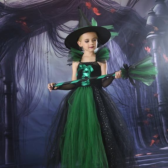 HNMKIU Halloween for Girls Enchanting Halloween Witch Dress For Kids Toddler Cosplay Carnival Party Fancy Outfit Long Skirt Suitable Ages 2 12 Green - 8-9 Years