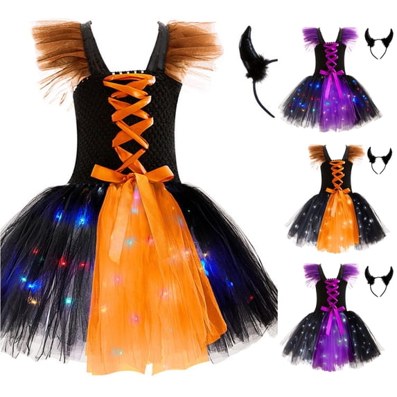 HNMKIU Halloween for Girls Toddler Girls Halloween Dress LED Sleeveless Mesh Tutu Party with Light Up Skirt for Daily Casual Outdoor Wear Orange - 3-4 Years