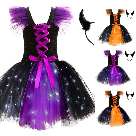 HNMKIU Halloween for Girls Toddler Girls Halloween Dress LED Sleeveless Mesh Tutu Party with Light Up Skirt for Daily Casual Outdoor Wear Purple - 7-8 Years