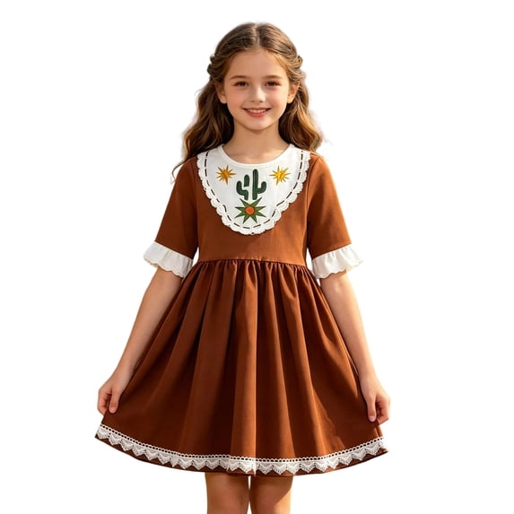 HNMKIU Halloween for Girls Western Boho Dress, Short Sleeve Lace Cactus Embroidery Brown Swing Dress, Casual Back to School Party Outfit for Toddler Kids Brown - 9-10 Years