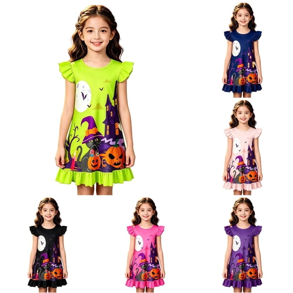 HNMKIU Halloween for Girls Themed Sleeved Nightgown Dress For Holiday Summer Party Sleepwear Green - 5-6 Years