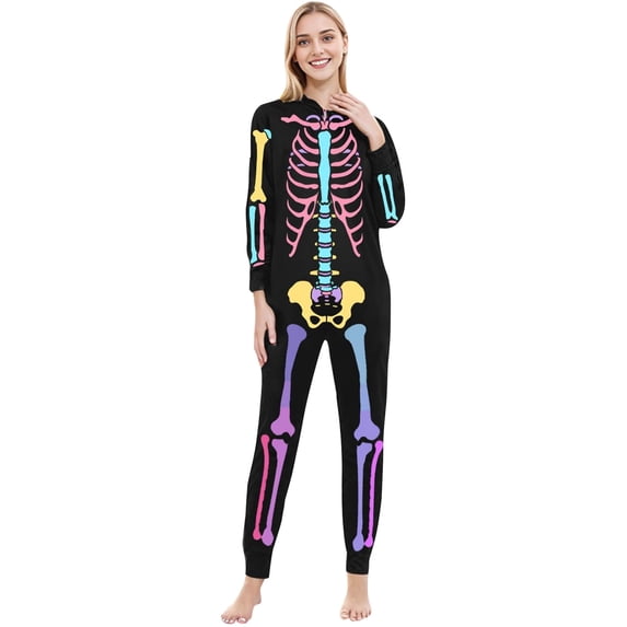 HNMKIU Halloween Family Matching Skeleton Print Hooded Zip-Up -Piece Pajama Jumpsuit For Mom And Child Cozy Cosplay Outfit Set