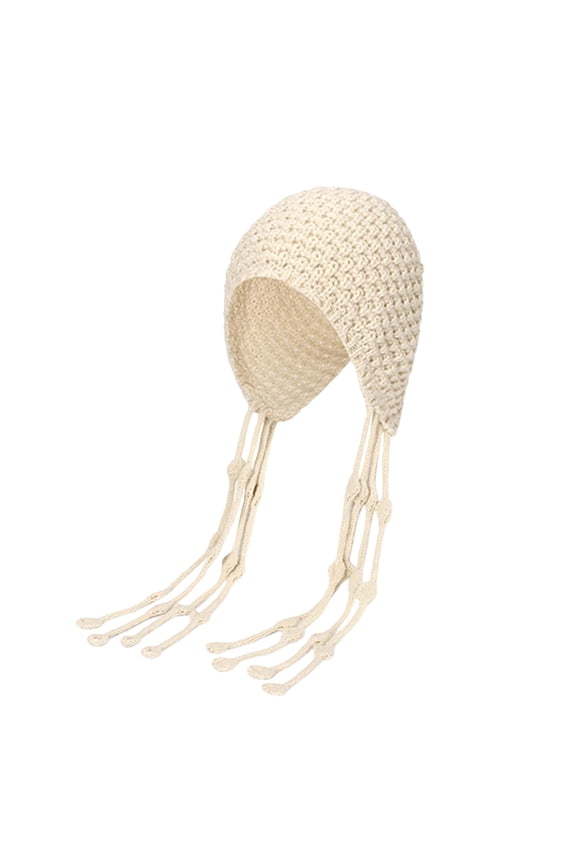 Hand Knitted Fringe Openwork Hat for Outdoor Autumn Winter Warmth - Cozy Earflap Cap with Knit Design Beige,One Size