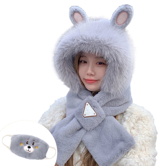 HNMKIU Hat and Scarf Set for Autumn Winter Cozy Hooded Neck Warmer Thick Warm Headwear with Ear for Home Outdoor Everyday Use Dark Gray1,One Size