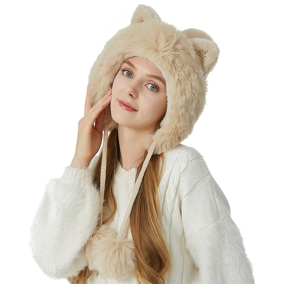 HNMKIU Hat for Women in Knit Wool Warm Earflap Style with Cute Cat Ears - Three Hair Fashion Winter for Outdoor Usages Beige,M