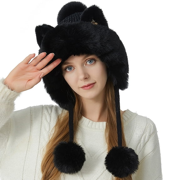 HNMKIU Hat for Women in Knit Wool Warm Earflap Style with Cute Cat Ears - Three Hair Fashion Winter for Outdoor Usages Black,M
