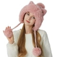 thumbnail image 1 of HNMKIU Hat for Women in Knit Wool Warm Earflap Style with Cute Cat Ears - Three Hair Fashion Winter for Outdoor Usages Pink,M, 1 of 4